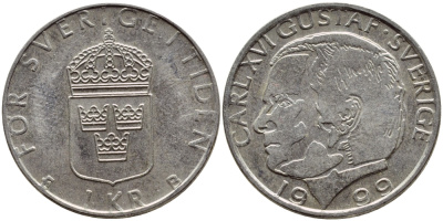 Швеция 1 крона 1999 Карл XVI Густав (1973- ) KM 852a медно-никель 4385-412