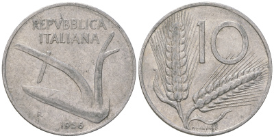 Италия 10 лир 1956 R, плуг KM 93 алюминий    4641-657
