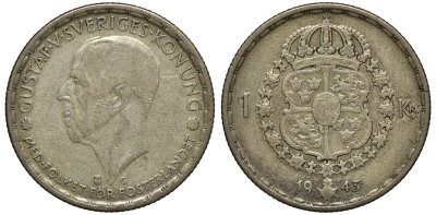 Швеция 1 крона 1943 G, Густав V (1907-1950) KM 814 серебро 4178-537