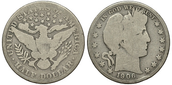 США 1/2 доллара (50 центов) 1906 барбер, Barber KM 116 серебро 1517-1545