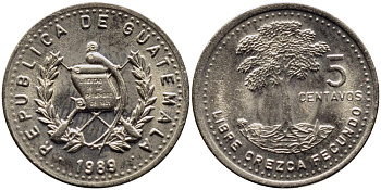 Гватемала 5 сентаво 1988 хлопковое дерево KM 276.4 медно-никель UNC 4387-851