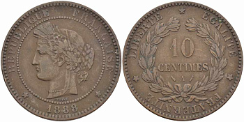 ФРАНЦИЯ 10 САНТИМОВ 1888 A, ТРЕТЬЯ РЕСПУБЛИКА (1871-1940) KM 815.1, LA FRANC 135.33 бронза 82-111