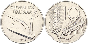 Италия 10 лир 1979 R, плуг KM 93 алюминий 4595-345