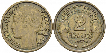 ФРАНЦИЯ 2 ФРАНКА 1932 ТИП MORLON KM 886, LE FRANC 268.3 алюминиевая бронза 4403-135