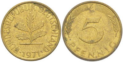 ФРГ 5 ПФЕННИГОВ 1971 G KM 107, J. 382 сталь плакированная латунью 4181-932