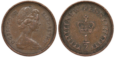 Великобритания 1/2 пенни 1971 Елизавета II (1952-2022) KM 914, Spink 4239 бронза 4124-564