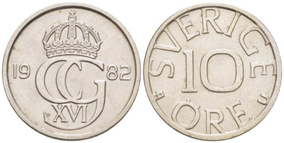 Швеция 10 эре 1982 U, Карл XVI Густав (1973- ) KM 850 медно-никель 4516-449