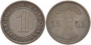 Германия 1 рейхспфенниг 1931 A KM 37, J. 313 бронза 110-225
