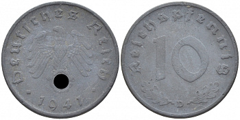 ГЕРМАНИЯ 10 РЕЙХСПФЕННИГОВ 1941 D KM 101, J. 371 цинк 4402-611