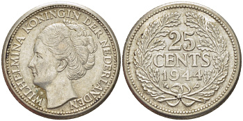 Нидерланды 25 центов 1944 Вильгельмина (1890-1948) KM 164 серебро aUNC 66-1158