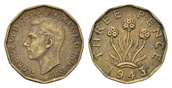 Великобритания 3 пенса 1943 Георг VI (1936-1952) KM 849, Spink 4112 никель латунь    4660-657
