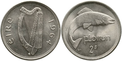 ИРЛАНДИЯ 1 ФЛОРИН = 2 ШИЛЛИНГА 1964 ЛОСОСЬ KM 15а медно-никель 4531-825