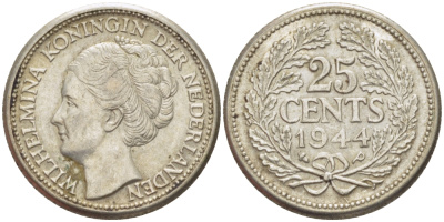 Нидерланды 25 центов 1944 Вильгельмина (1890-1948) KM 164 серебро aUNC 66-1158