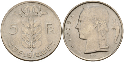 Бельгия 5 франков 1969 Belgique KM 134.1 медно-никель  UNC  4187-234