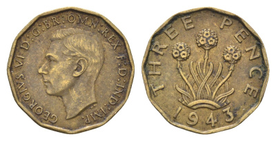Великобритания 3 пенса 1943 Георг VI (1936-1952) KM 849, Spink 4112 никель латунь    4660-657