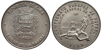 Куба 1 песо 1988 чемпионат мира по футболу в Италии 1990, два игрока KM 244 медно-никель UNC 00-00