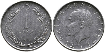 Турция 1 лира 1978 Мустафа Кемаль Ататюрк KM 889а.2 нержавеющая сталь 4541-533