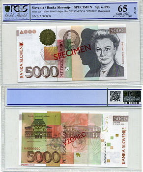 Словения 5000 толаров 2000 Specimen, образец, в слабе PCGS 65 Gem UNC, Ивана Кобильца (1861-1926) Pick 23s бумага UNC (пресс) 452-1-34
