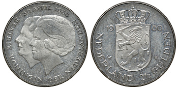 Нидерланды 2 1/2 гульдена 1980 коронация Беатрикс, 30 апреля 1980 KM 201 никель 72-1422