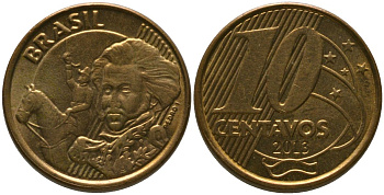 Бразилия 10 сентаво 2013 KM 649, Schon 157 сталь плакированная бронзой 4523-935