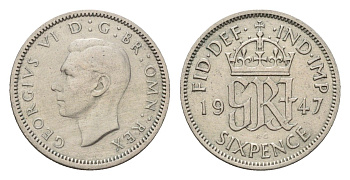 Великобритания 6 пенсов 1947 Георг VI (1936-1952) KM 862, Spink 4105 медно-никель 4651-1048