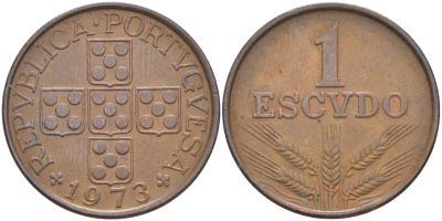 Португалия 1 эскудо 1973 KM 597 бронза 219-934