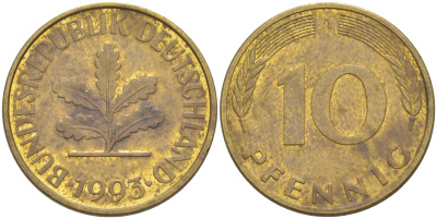 ФРГ 10 пфеннигов 1993 A KM 108, J. 383 сталь плакированная латунью 3459-212