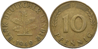 ФРГ 10 пфеннигов 1949 J KM 103, J.378 сталь плакированная латунью 4681-1111