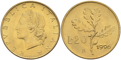 Италия 20 лир 1996 R, дубовый лист KM 97.2 алюминиевая бронза  UNC  4594-1038