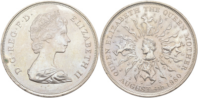 Великобритания 25 пенсов 1980 80 лет королеве Елизавете-королеве матери, Елизавета II (1952-2022) KM 921, Spink 2228 медно-никель 4552-511