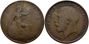 Великобритания 1 пенни 1916 Георг V (1910-1936) KM 810, Spink 4051 бронза    4385-344