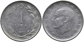 Турция 1 лира 1970 Мустафа Кемаль Ататюрк KM 889а.2 нержавеющая сталь 4384-726
