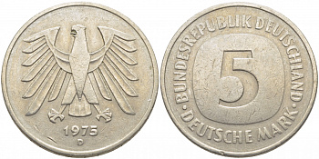 ФРГ 5 марок 1975 D, монетный двор Мюнхен КМ 140.1, J. 415 медно-никель плакированный никелем 109-844