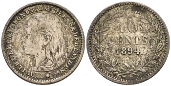 Нидерланды 10 центов 1894 Вильгельмина (1890-1948), редкая KM 116 серебро 4576-818