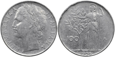 Италия 100 лир 1956 R, Афина в доспехах KM 96.1 нержавеющая сталь 4165-135