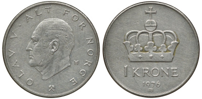 НОРВЕГИЯ 1 КРОНА 1976 ОЛАФ V KM 419 медно-никель 72-956