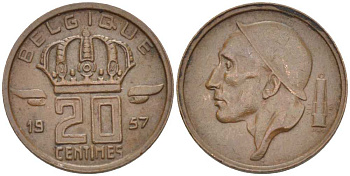 БЕЛЬГИЯ 20 САНТИМОВ 1957 BELGIQUE KM 146 бронза 66-934