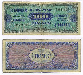 Франция 100 франков 1944 военный выпуск Pick 123 с бумага 7146-4-1-1