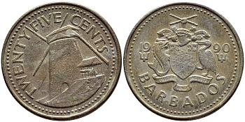 Барбадос 25 центов 1990 ветряная мельница Моргана Льюиса KM 13 медно-никель 4398-431