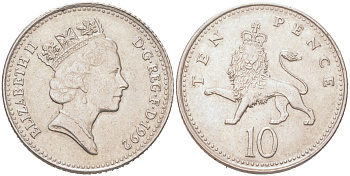 Великобритания 10 пенсов 1992 Елизавета II (1952-2022) KM 938b, Spink F4 медно-никель 4128-446