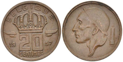 БЕЛЬГИЯ 20 САНТИМОВ 1957 BELGIQUE KM 146 бронза 66-934