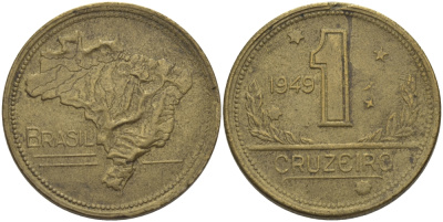 Бразилия 1 крузейро 1949 KM 558 алюминиевая бронза 72-611