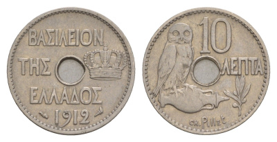 Греция 10 лепт 1912 Георг I (1863-1913), сова KM 63 никель 4655-332