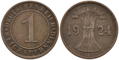 Германия 1 рейхспфенниг 1924 J KM 37, J. 313 бронза 4516-332