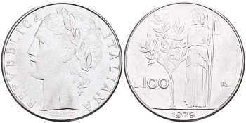 ИТАЛИЯ 100 ЛИР 1979 R, АФИНА KM 96.1 нержавеющая сталь 4526-334