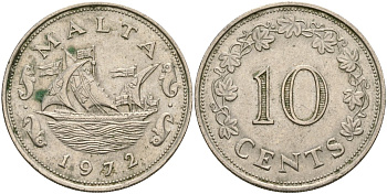 Мальта 10 центов 1972 баржа Великого магистра KM 11 медно-никель 4137-915