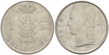 БЕЛЬГИЯ 1 ФРАНК 1975 BELGIQUE, БОДУЭН I (1951-1993) KM 142.1 медно-никель 213-534