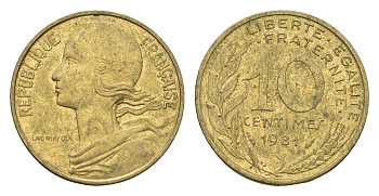 Франция 10 сантимов 1981 KM 929 алюминиевая бронза 4674-616