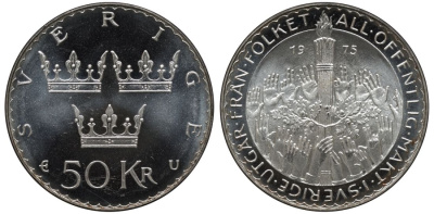 Швеция 50 крон 1975 U, Карл XVI Густав (1973- ), конституционные реформы KM 848 серебро UNC 4552-712