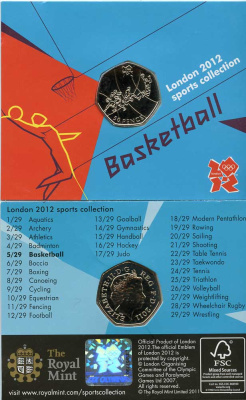 Великобритания 50 пенсов 2011 XXX летние Олимпийские игры в Лондоне в 2012 году, баскетбол, в оригинальном картонном буклете, с Олимпийской голограммой (5/29) KM 1190 медно-никель  UNC  3-6-6-22